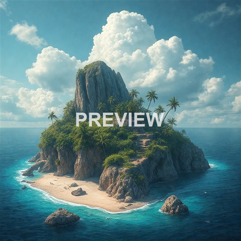 A small tropical island with lush green vegetation, tall palm trees, and a prominent rocky hill surrounded by clear blue ocean under a partly cloudy sky.